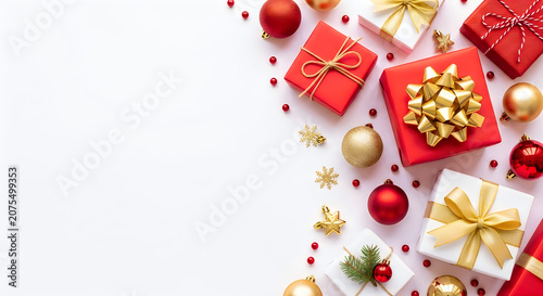 Top view of festive holiday gift boxes and decorations with red and gold accents on white background