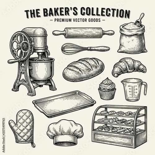 Photos Black and White Vector Illustration of Vintage Bakery Items and Tools