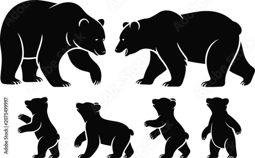 Obraz na plátně Two Adult Bears and Four Cub Silhouettes Walking on White Background animal wild