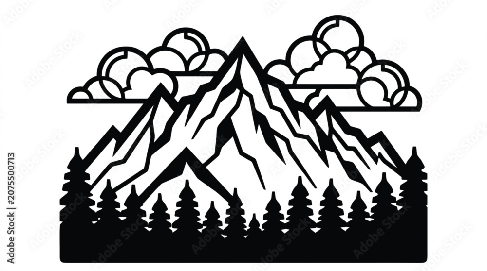 Obraz premium Bold black and white mountain vector emblem with wild forest and nature elements