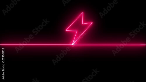 Abstract orange neon glowing battery charging icon animation on black background.Glowing neon lightning bolt icon, Violet orange color battery icon, Battery charging animation.