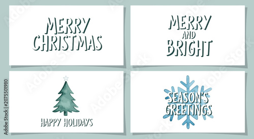 Isolated Festive Christmas Greeting Cards Set with Holiday Messages, Christmas Tree, and Snowflake in a Blue-Green and White Theme.
