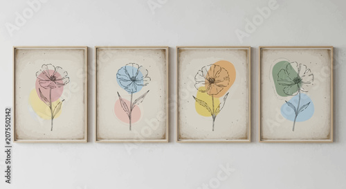Delicate Line Art Flower Prints Set with Stylized Blooms and Soft Abstract Watercolor Backgrounds in Wooden Frames on a Light Grey Wall.