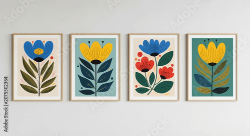 Vibrant Abstract Floral Art Prints Set with Bold Stylized Flowers in Wooden Frames on a Light Grey Wall.