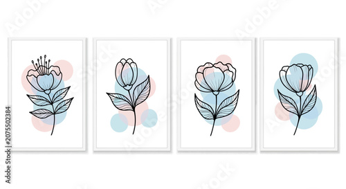 Minimalist Line Art Flower Prints Set with Stylized Blooms and Soft Color Accents in White Frames, in a Bright Studio.