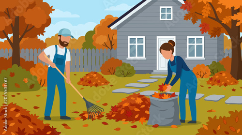 Картината върху платно Couple raking autumn leaves in the yard of their house
