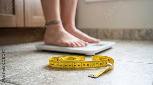 Wellness and Weight Loss Management Concept with Person on Digital Scale and Measuring Tape, Website Banner and Hero Header with Copy Space