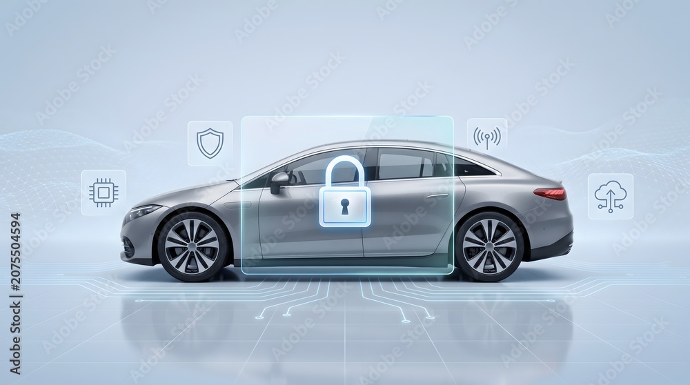 Fototapeta premium Modern silver sedan with digital security icons and circuit board elements