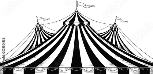 Vintage black and white striped circus tent, classic carnival canopy, monochrome big top illustration, retro event shelter