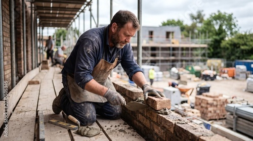 Skilled bricklayer working on a new building construction site laying bricks with trowel and mortar