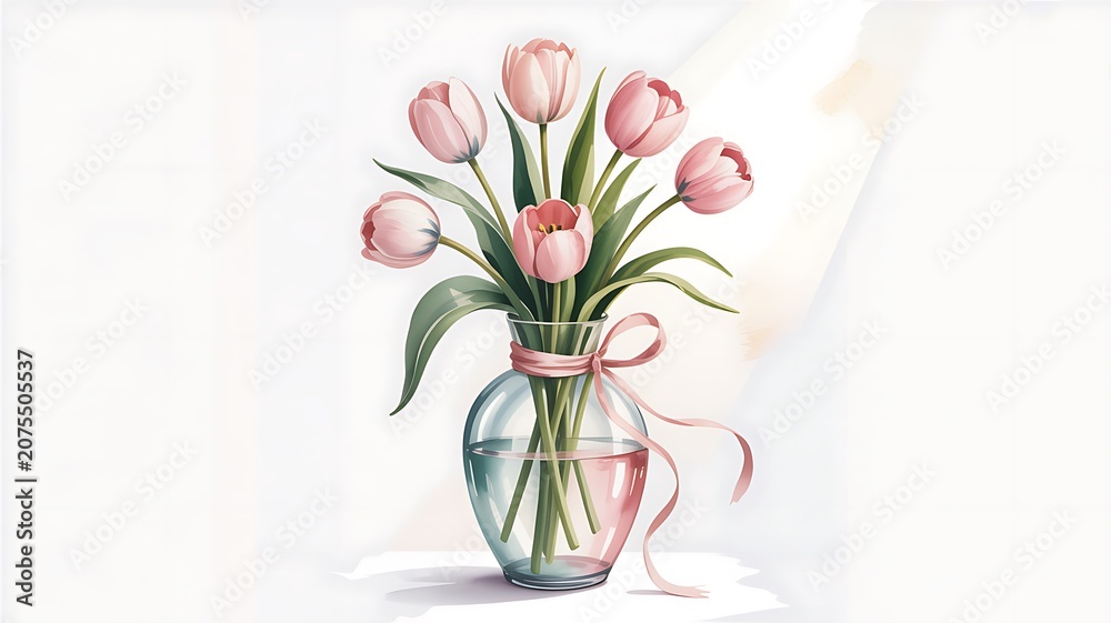 Obraz premium Soft pink tulips blooming beautifully in a transparent vase adorned with a lovely pink ribbon