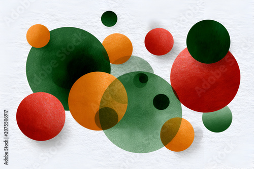 Abstract composition with colorful geometric shapes and textured circles