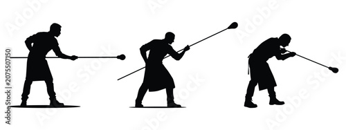Fire staff performance silhouette set featuring three dynamic spinning poses. Isolated vector illustration on transparent background.