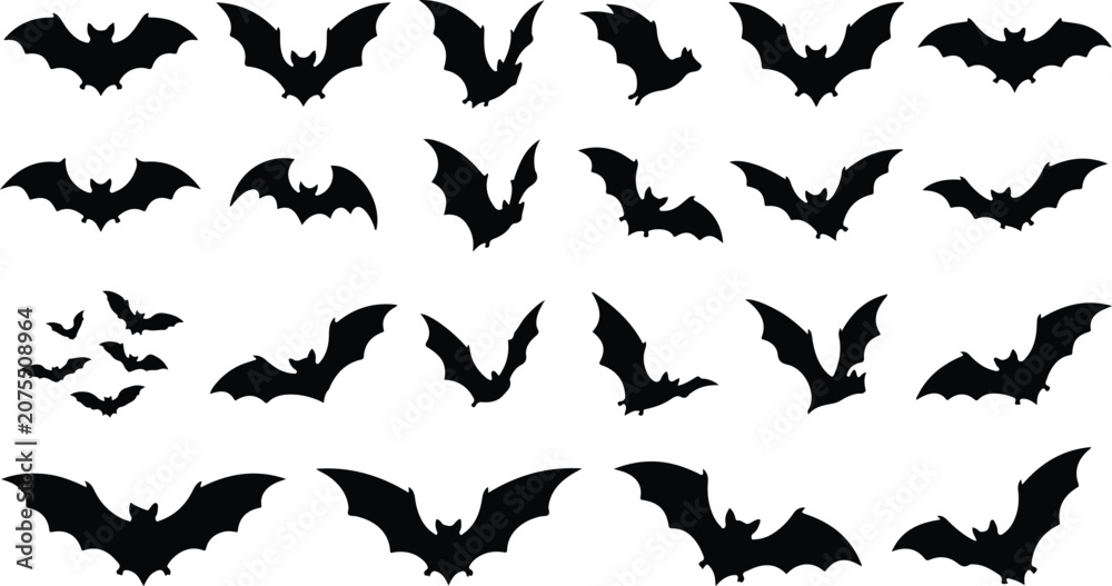 Fototapeta premium Collection of black bat silhouettes in various flying poses