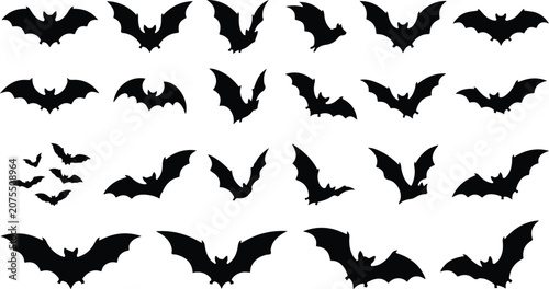 Collection of black bat silhouettes in various flying poses