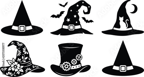 Variety of black silhouette witch hats and steampunk top hat vector graphics