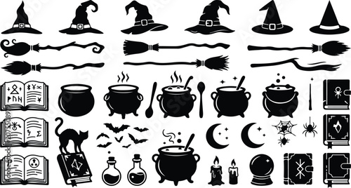 Halloween witchcraft elements collection black magic spells and mystical objects