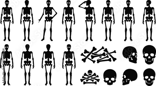 Black silhouette collection skeletons skulls and bone piles for halloween designs