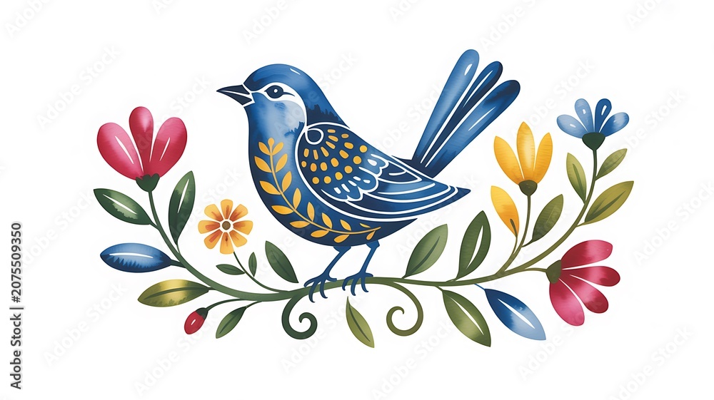 Fototapeta premium Stylized blue bird adorned with decorative patterns perches on a vibrant folk art floral branch