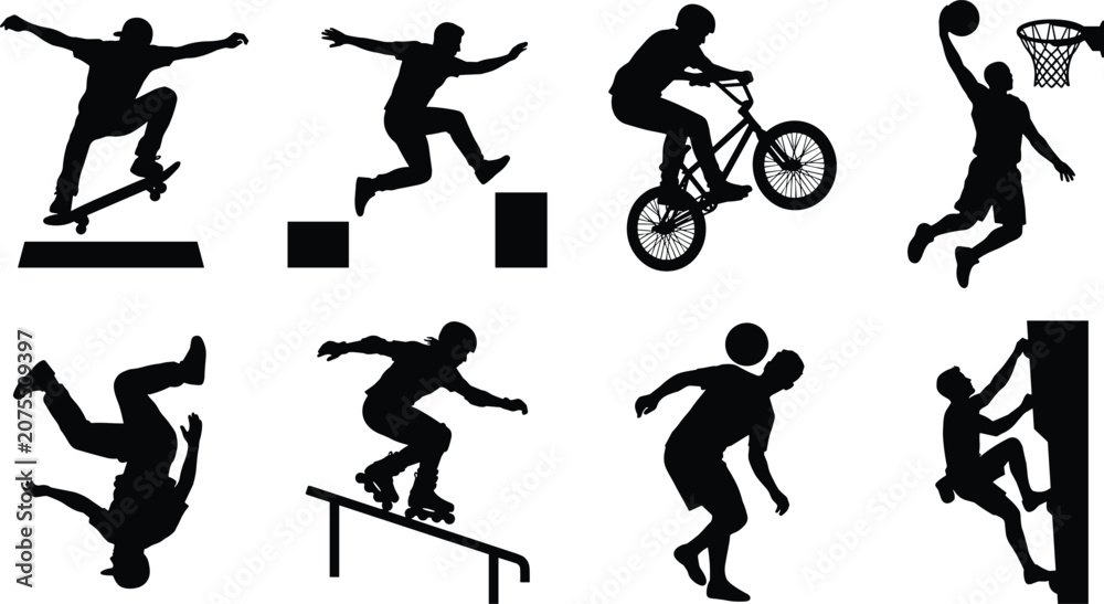 Naklejka premium Extreme Sports Black Silhouette Collection Featuring Skateboarding BMX Basketball Parkour Breakdancing Climbing and Freestyle Action Icons