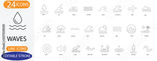 Ocean waves and water splash line icons. Vector sea wave, weather storm, and wind symbols with editable stroke.