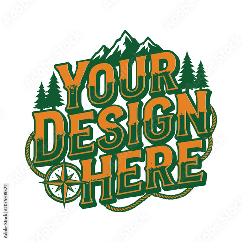 Outdoor adventure emblem with mountains forest trees and compass rose in camping style.