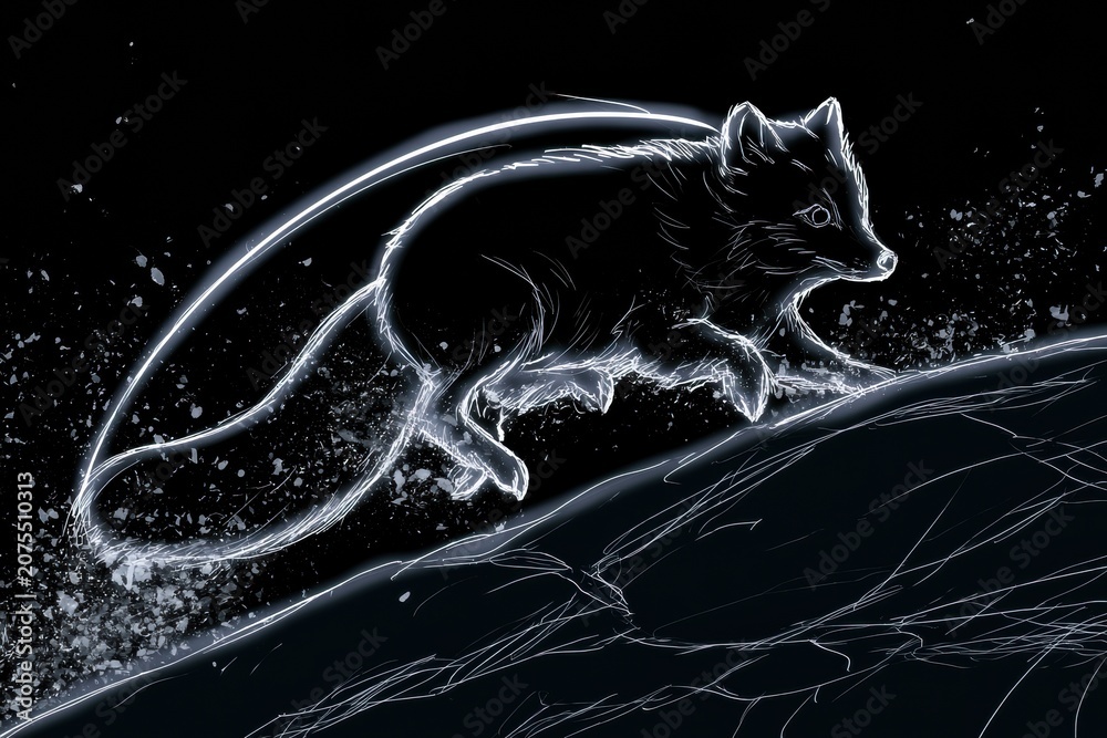 Fototapeta premium A fox leaps into snow, chasing its prey. Its form shines with neon light against a dark setting, with snow particles around.