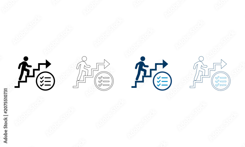 Fototapeta premium Business progress growth stairs icon set with person climbing steps towards success arrow.