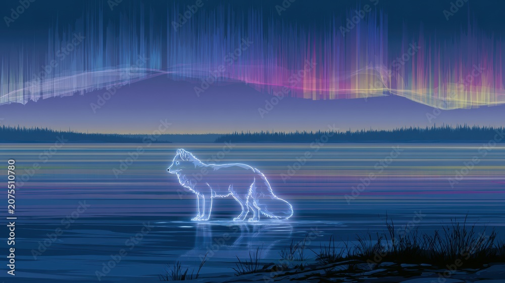 Fototapeta premium An arctic fox glows white against a dark frozen tundra. Above, the aurora lights create a colorful scene in the night sky.