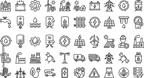 Quadro su tela Renewable Energy Green Ecology and Industrial Power Supply Line Icon Set for Env