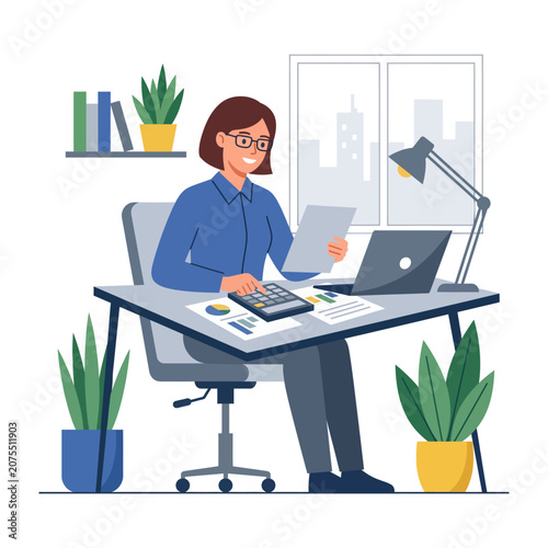 Businesswoman Calculating Finances at Desk With Laptop and Documents in Modern Office