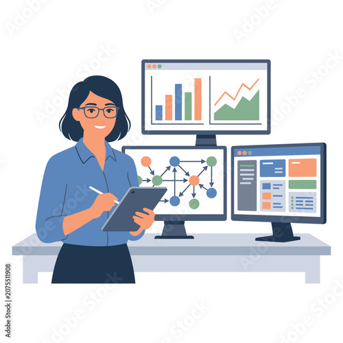 Business Analyst Presenting Financial Report and Charts on Computer Screen in Office Presentation