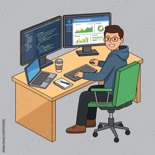 Software Developer Working At Dual Monitor Desk With AI Dashboard And Code On Screen