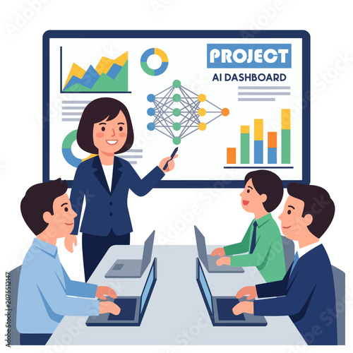 Business Team Meeting Presenting AI Project Status With Charts, Graphs and Neural Network Visualization