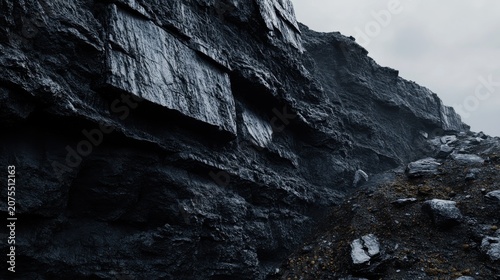 Earthen Cliff Face Showing Stratified Layers in a Dark Landscape