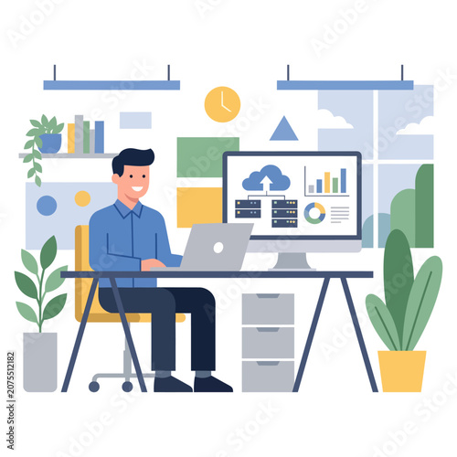 Businessman Working in Modern Home Office at Desk With Laptop and Cloud Data Analytics Display