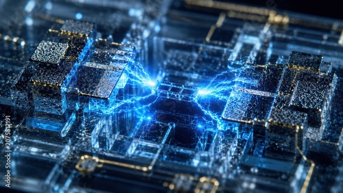Ultra-detailed superconducting bridge carrying glowing blue electrical energy across microscopic geometric structures with scientific precision and dramatic macro lighting.