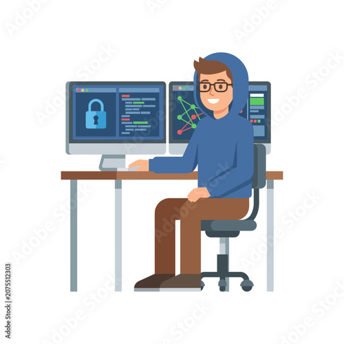 Young Programmer At Desk Coding On Dual Monitors With Cybersecurity And Data Visualization