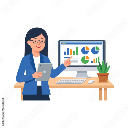 Business Analyst Presenting Financial Report and Charts on Computer Screen in Office Presentation