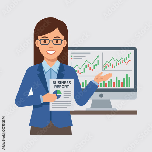 Business Analyst Presenting Financial Report and Charts on Computer Screen in Office Presentation