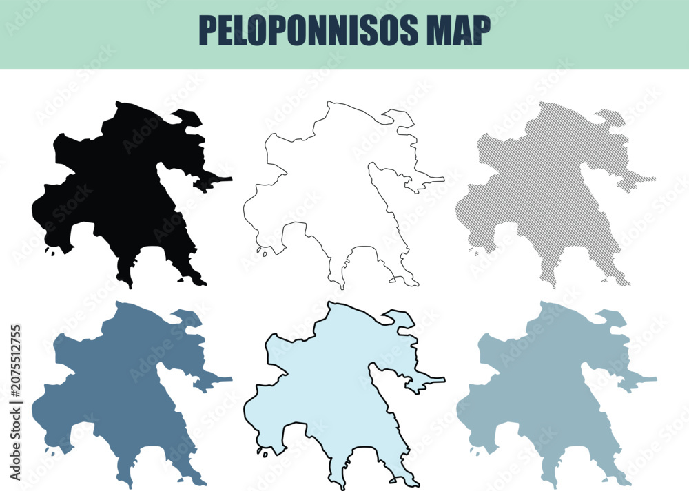 Fototapeta premium Peloponnese map variations in black white and blue tones on white background