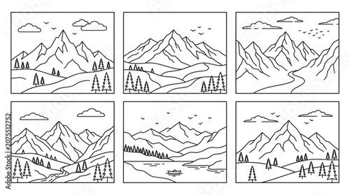  Mountain landscape line art icon set with nature peaks clouds and trees linear elements