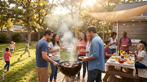 Diverse friends and family enjoying a festive summer backyard barbecue with grilled food and social activities