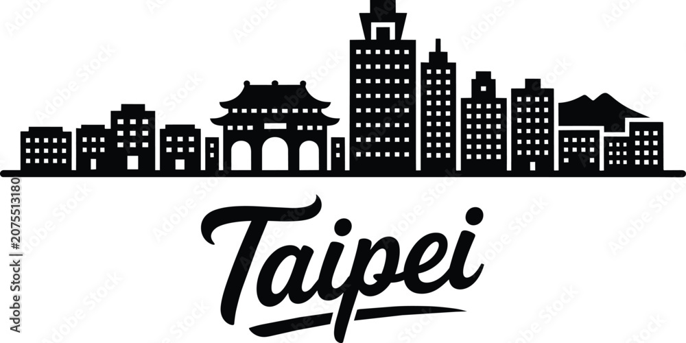 Naklejka premium Taipei city skyline silhouette with traditional gate and modern skyscrapers, landmark panoramic view of Taiwan capital urban scenery