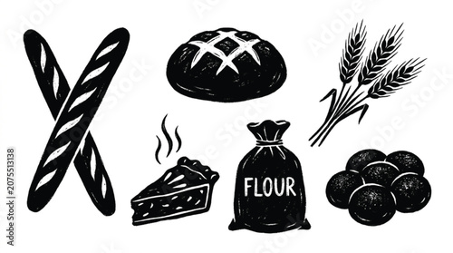  Vintage bakery silhouette icon vector pack with artisanal bread and organic wheat symbols