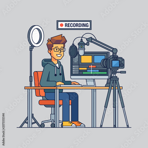 Content Creator Recording in Home Studio With Camera, Microphone, Ring Light and Editing Setup