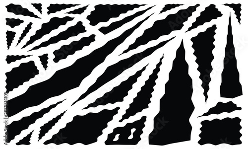 Abstract Black Torn Paper Fragments on White Background Featuring Texture, Design, Art with Creative and Illustration Elements
