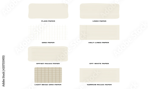 Paper Types Including Plain, Lined, Grid, Half-Lined, Offset Ruled, Off-White, Light Beige Grid, and Narrow Ruled Paper