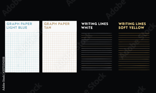 Graph Paper and Writing Lines in Various Colors Displayed on Black Background Featuring Light, Blue, Tan with White and Soft