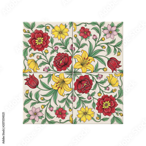 Vibrant floral pattern with red, yellow and pink flowers on white background